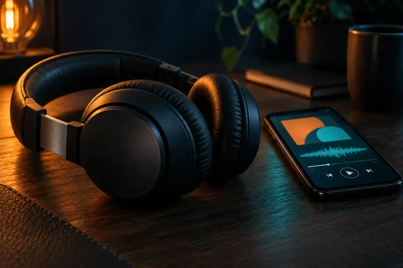 Black over-ear headphones on a dark wooden desk beside a smartphone showing an audio player with abstract cover art and a teal waveform
