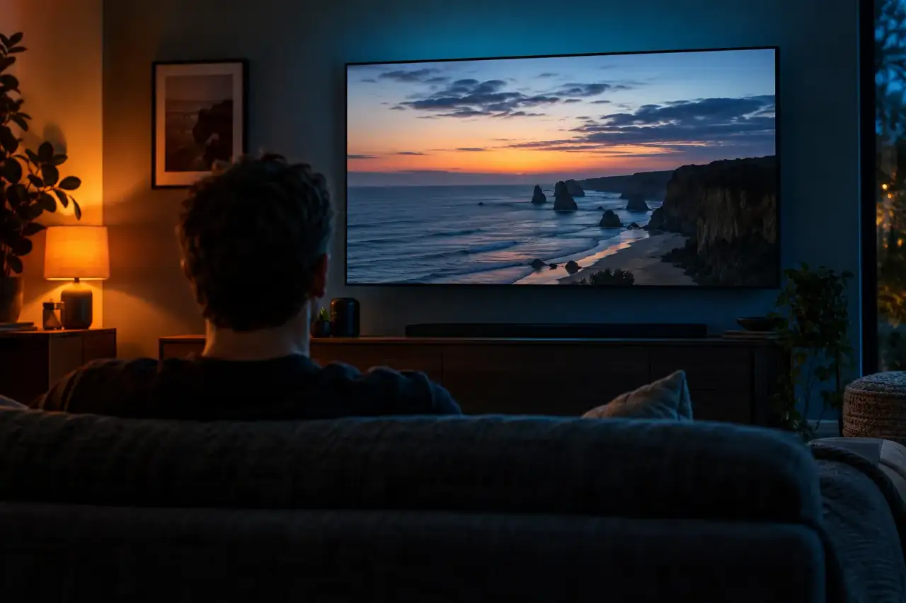 Living room at dusk seen from behind a sofa, one viewer watching a coastline at sunset on a large wall-mounted television