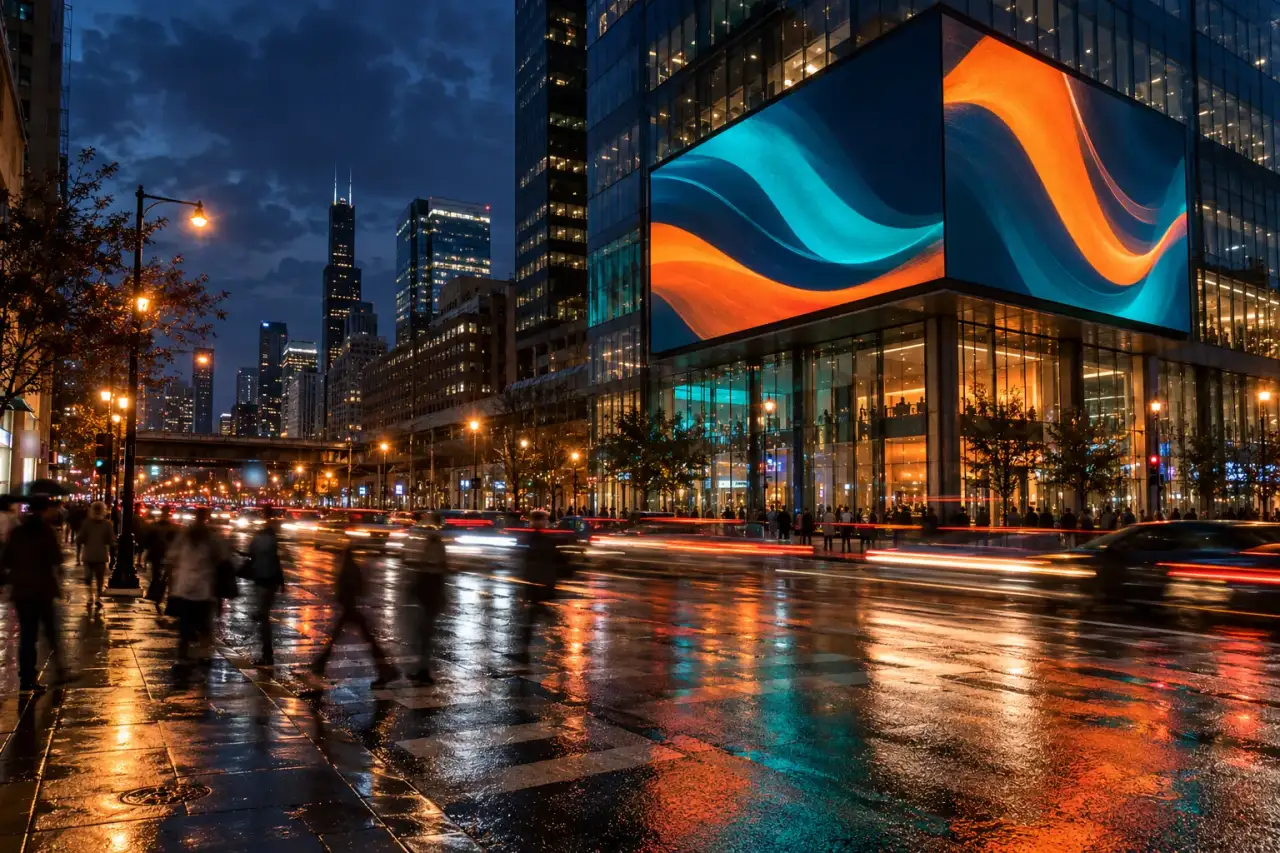 Large digital screen on the corner of a glass building at a wet city intersection at dusk, showing abstract orange and teal waves above blurred passersby
