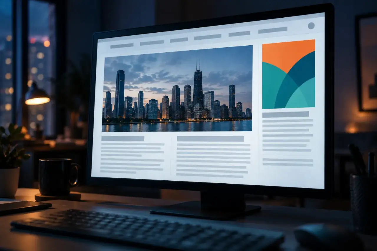 Desktop monitor showing a generic news page layout with a city skyline photo, grey placeholder text and an orange and teal banner ad slot