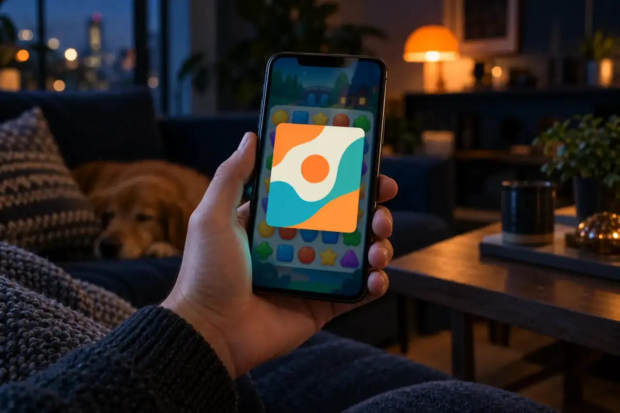 Hand holding a smartphone in a dim living room, the screen showing a casual puzzle game behind a full-screen card of abstract orange and teal shapes