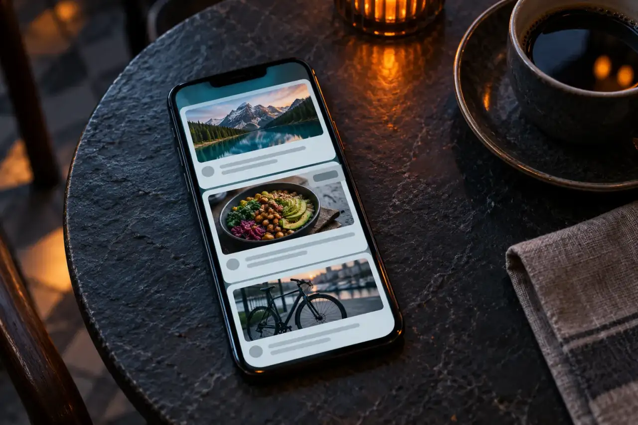 Smartphone on a slate cafe table showing a feed of cards with photos of a mountain lake, a grain bowl and a bicycle, next to a cup of black coffee