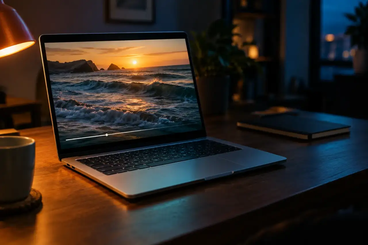 Open laptop on a walnut desk at night playing a video of ocean waves at sunset, lit by a warm desk lamp