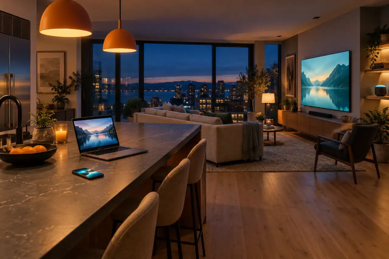 Open-plan apartment at dusk with a wall television, a laptop on the kitchen island, a phone on the counter and a smart speaker, each screen lit with landscape imagery