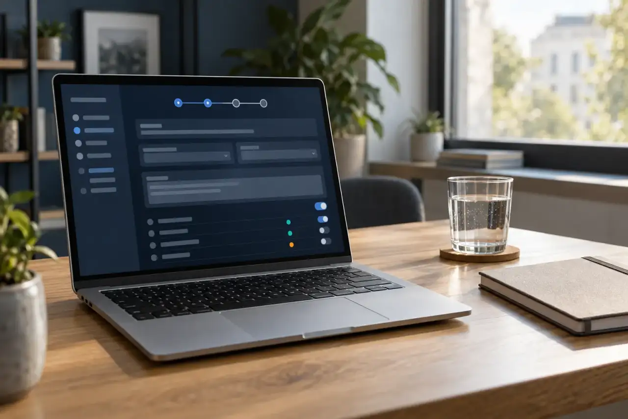 Laptop on an oak desk in daylight showing a dark campaign setup screen with a four-step progress bar, form fields and toggle switches