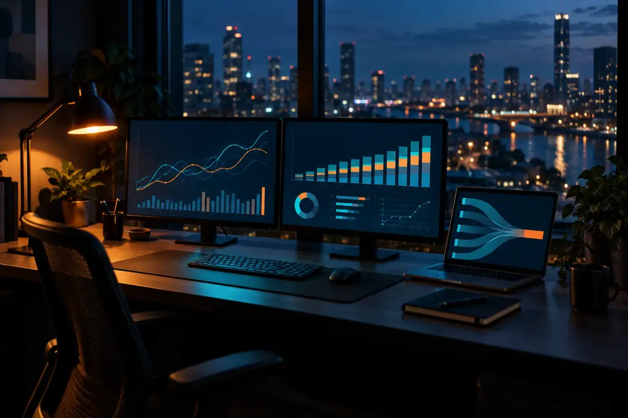 Media planning desk at night with two monitors and a laptop showing abstract line, bar and flow charts in teal and orange beside a window over a city