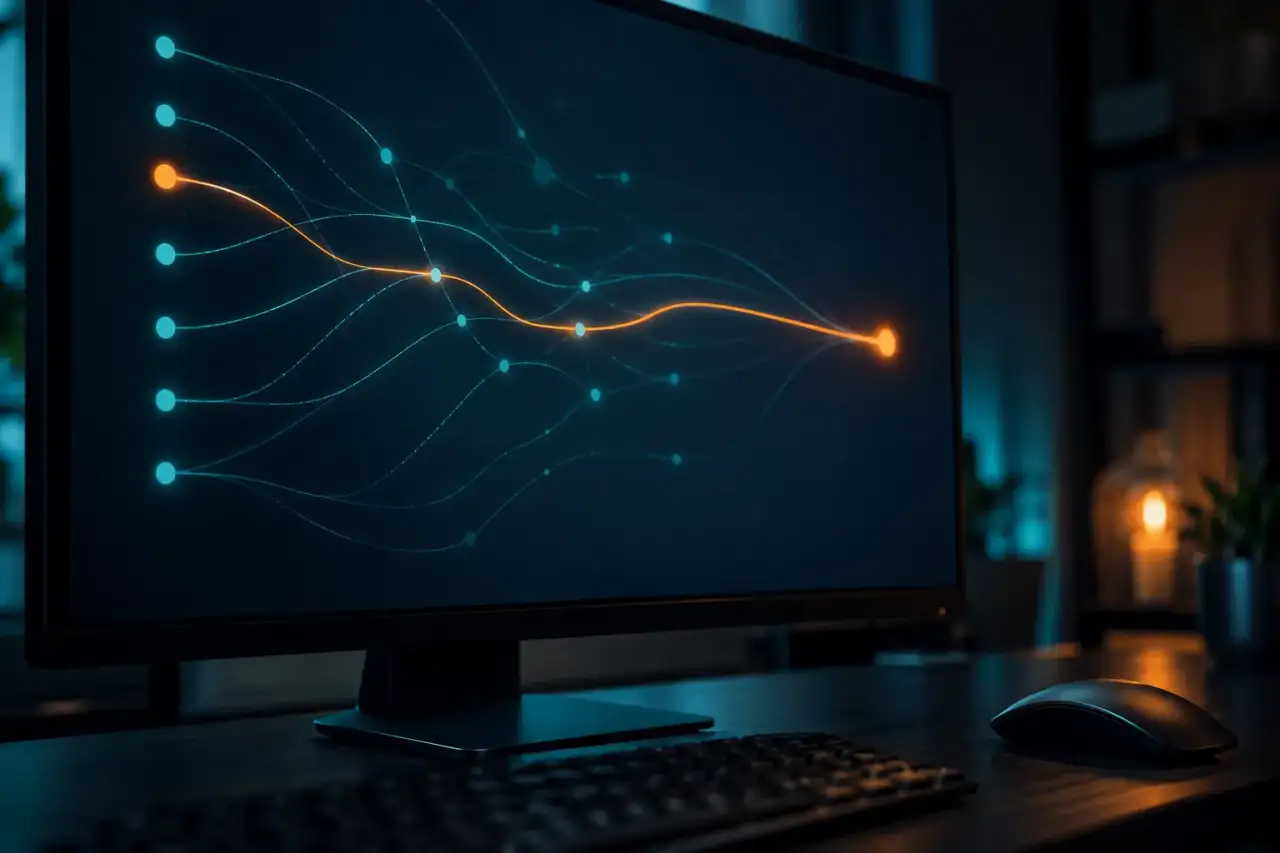 Monitor in a dark room showing a network map where many thin teal lines fade out and one orange path continues to a single endpoint